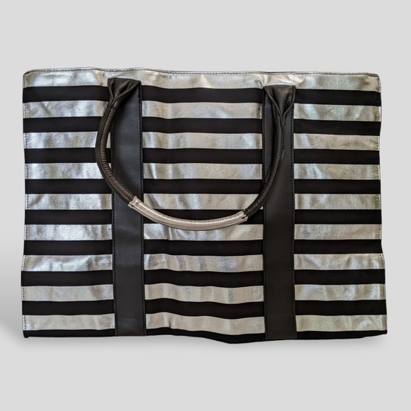Victoria's Secret X-Large Black Metallic Silver Horizontal Striped Tote Bag - Picture 2 of 11